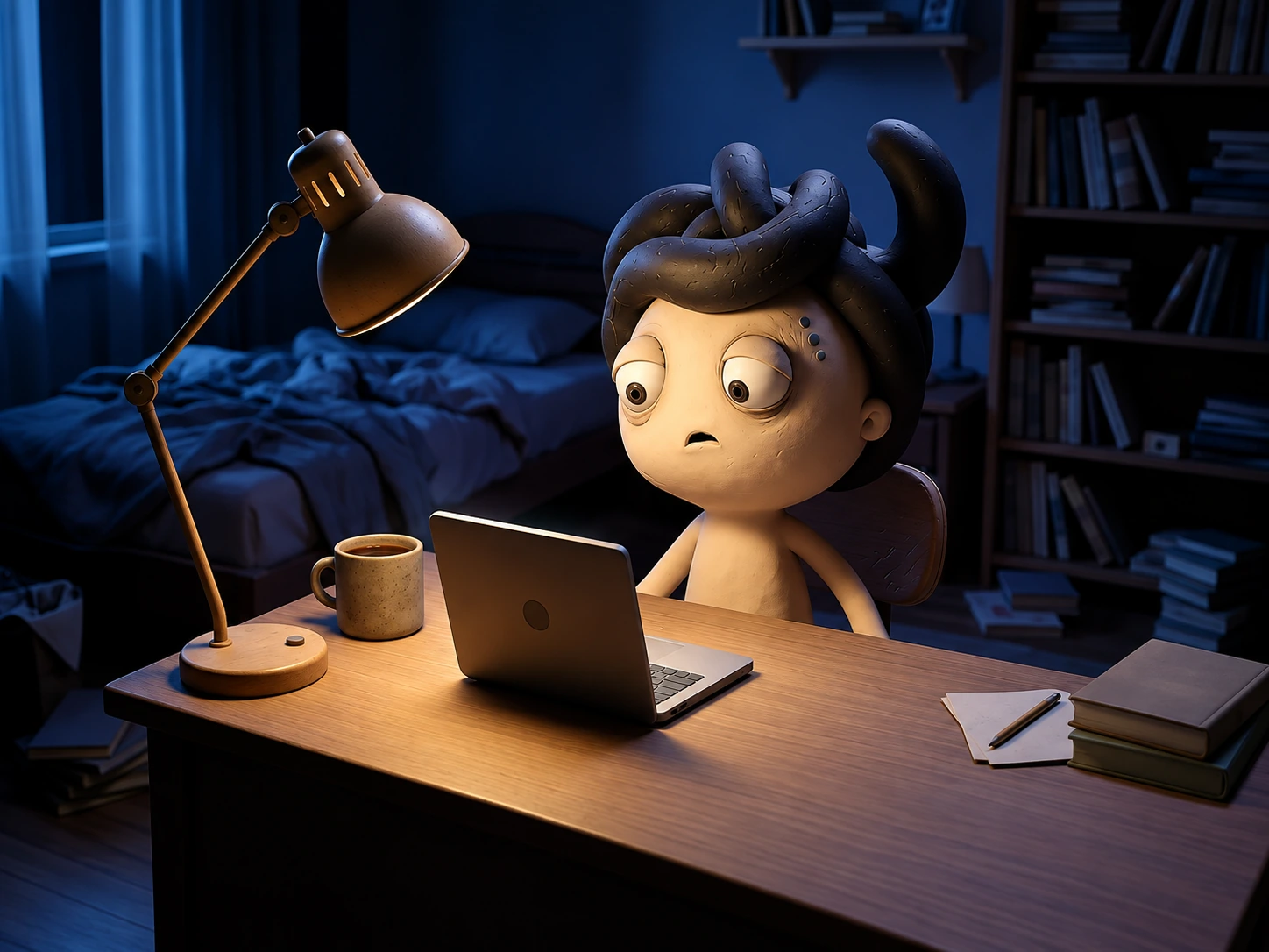 Champion in his blue-lit bedroom, working at his laptop